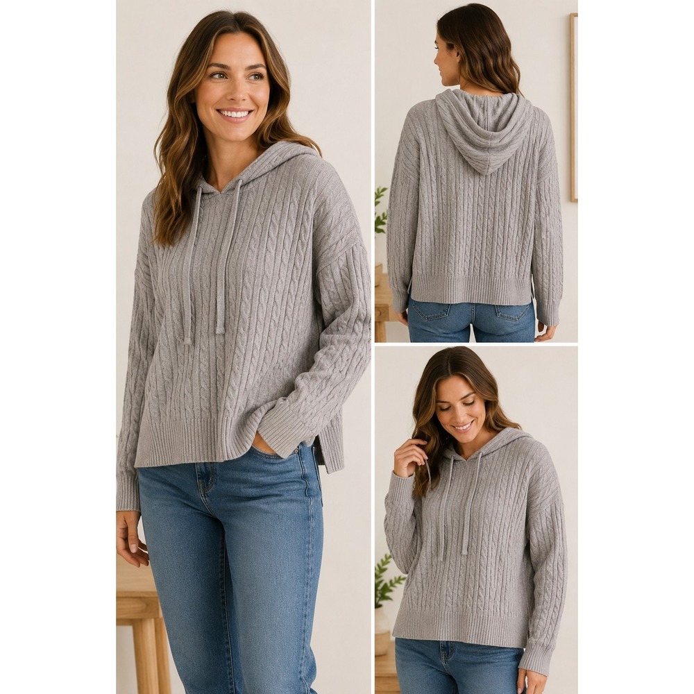 Free Assembly Women's Size Medium Gray Cable Viscose  Pullover Hoodie Sweater